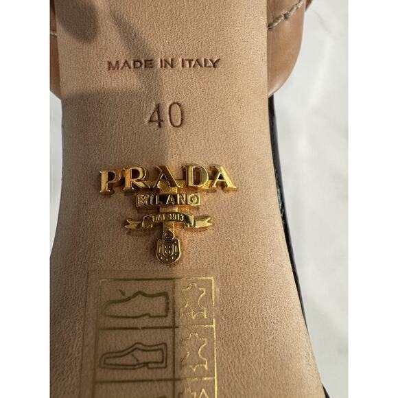 Prada black patent & tan leather bow high block heel Cork platform sandals Sz 40 - Picture 4 of 10